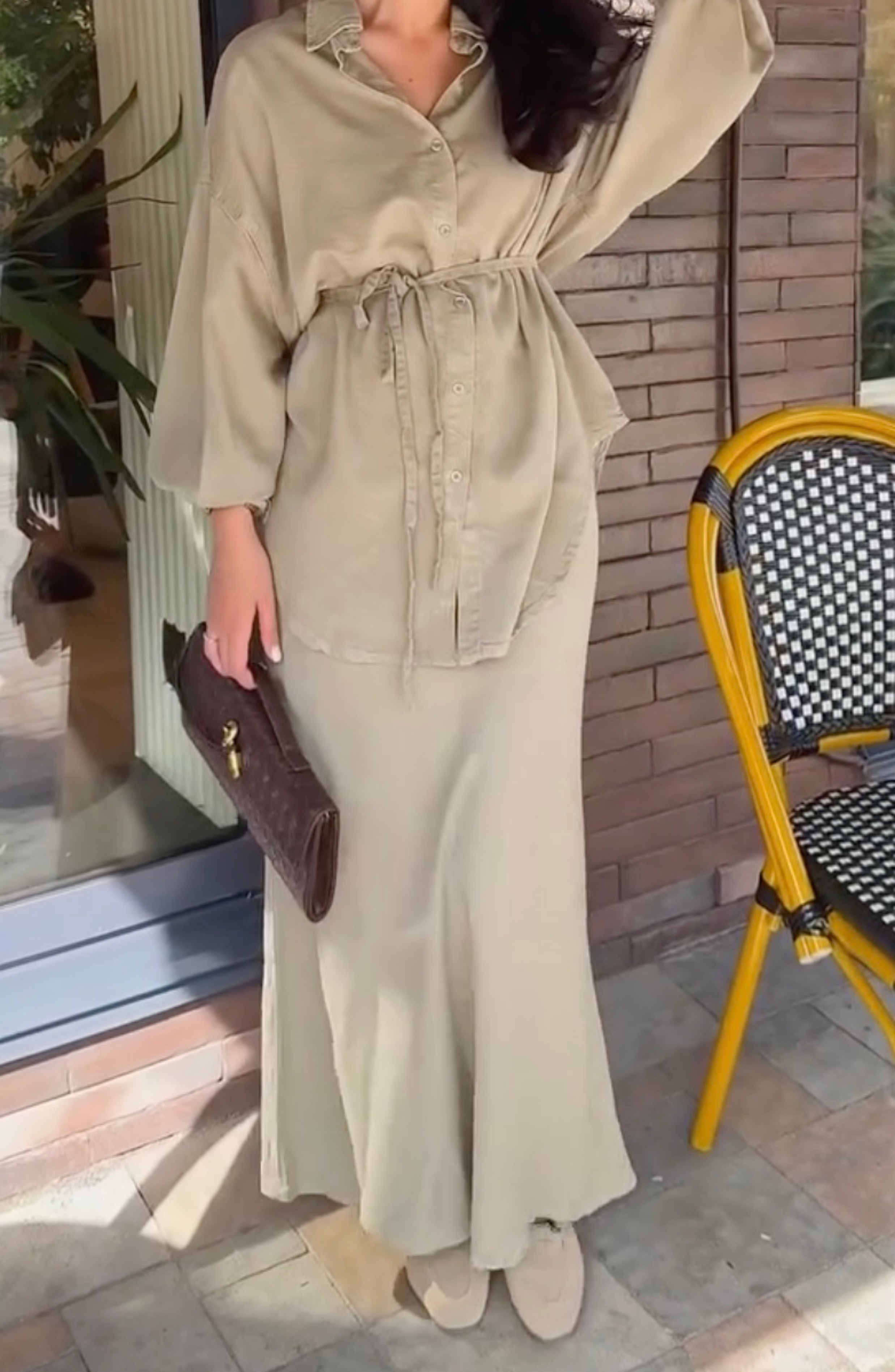 Long-sleeved Tie-Drawstring Shirt and Skirt Set