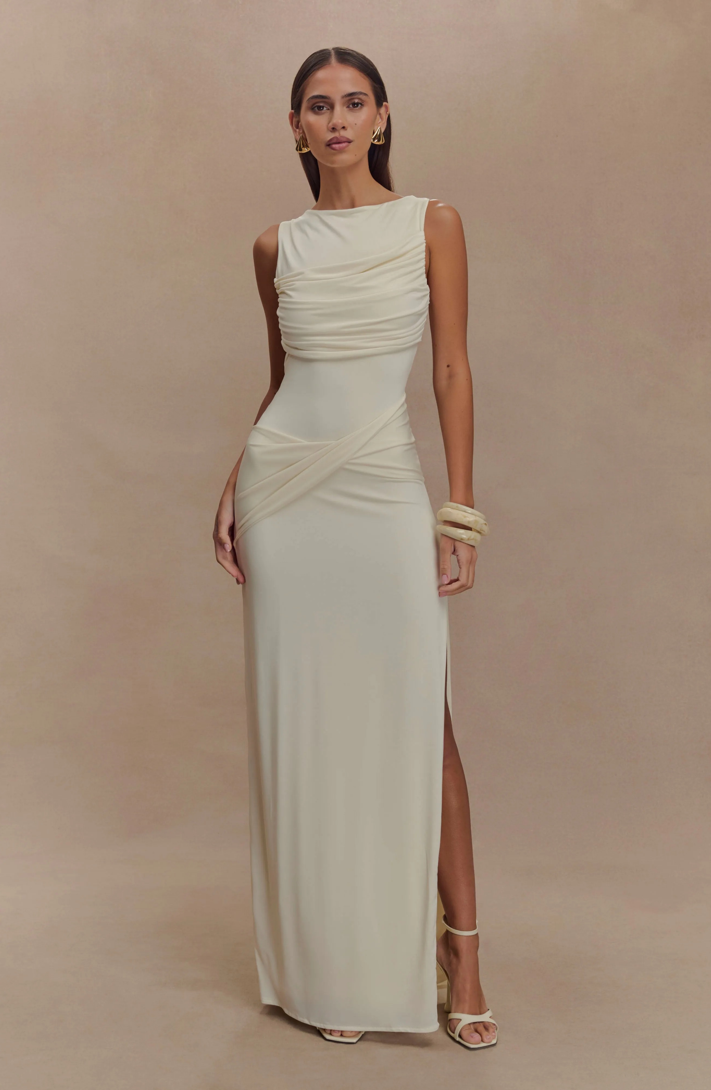 Solid gathering split maxi dress