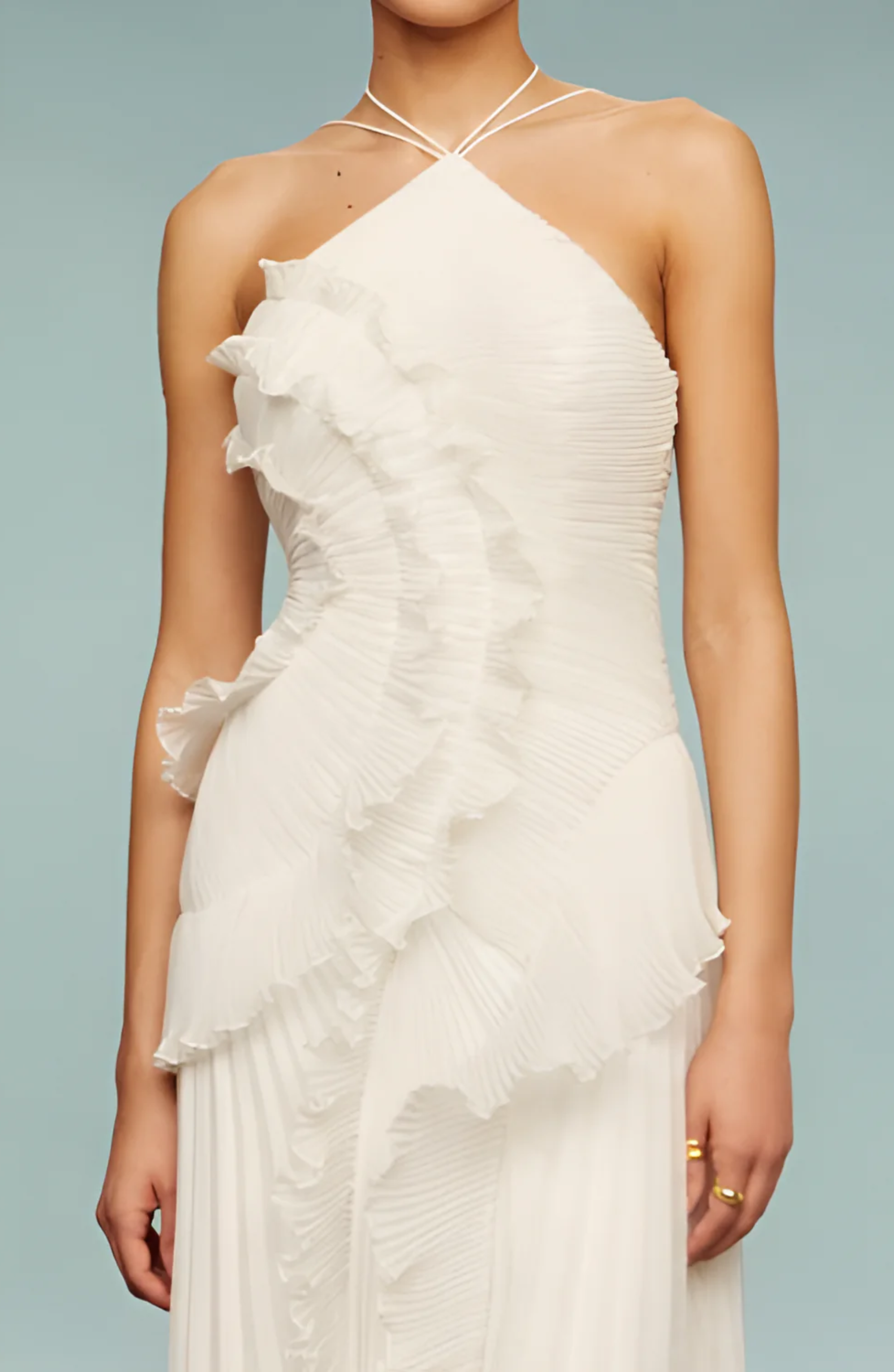 Pleated Frill Halter Neck Maxi Dress