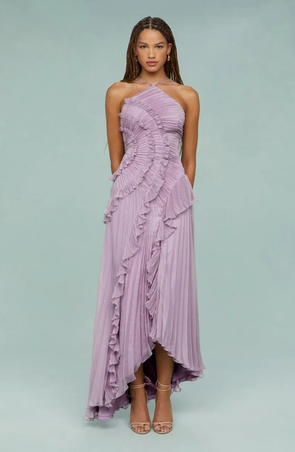 Pleated Frill Halter Neck Maxi Dress