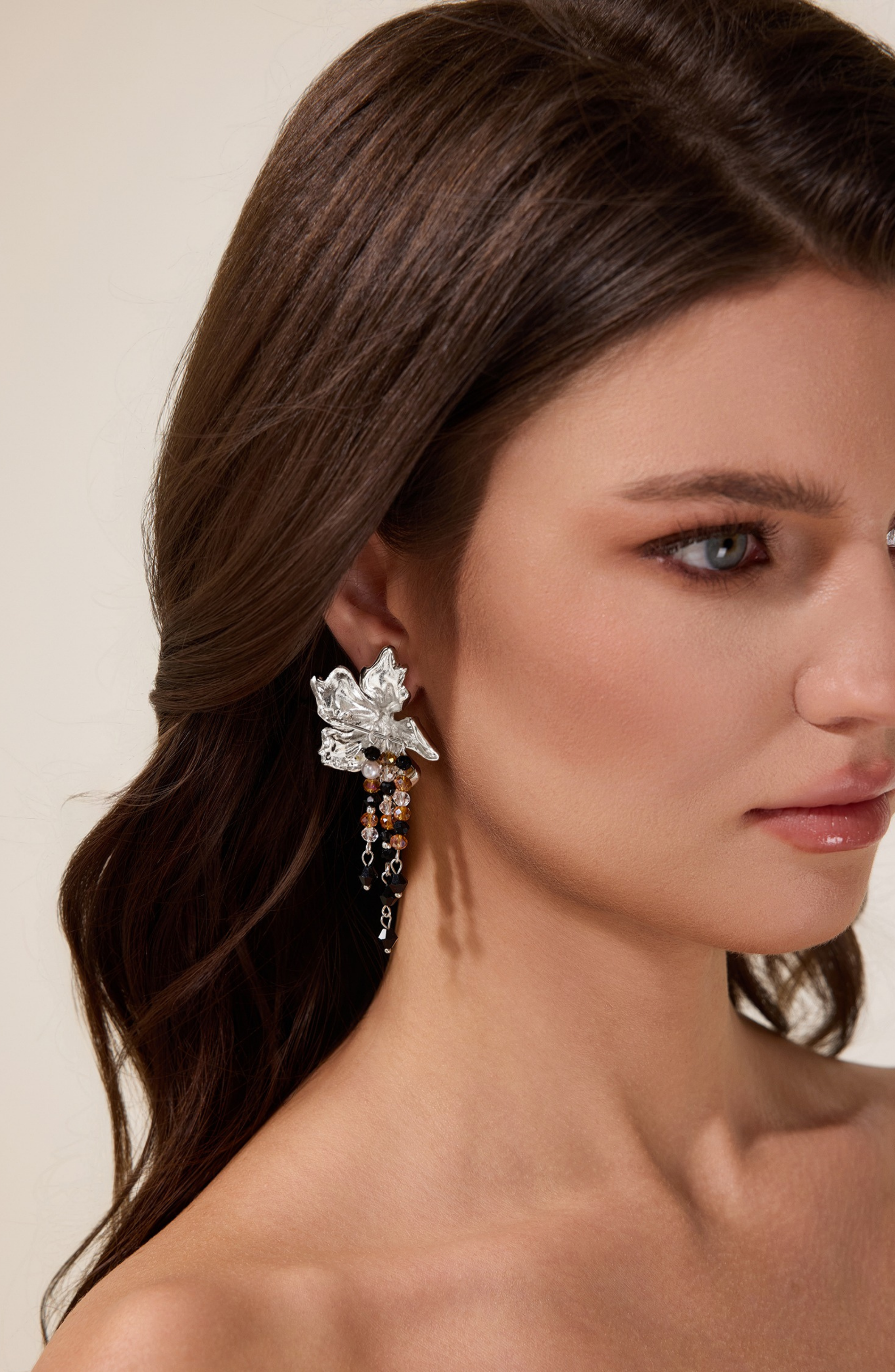 Floral Shape Beaded Tassel Metal Earrings