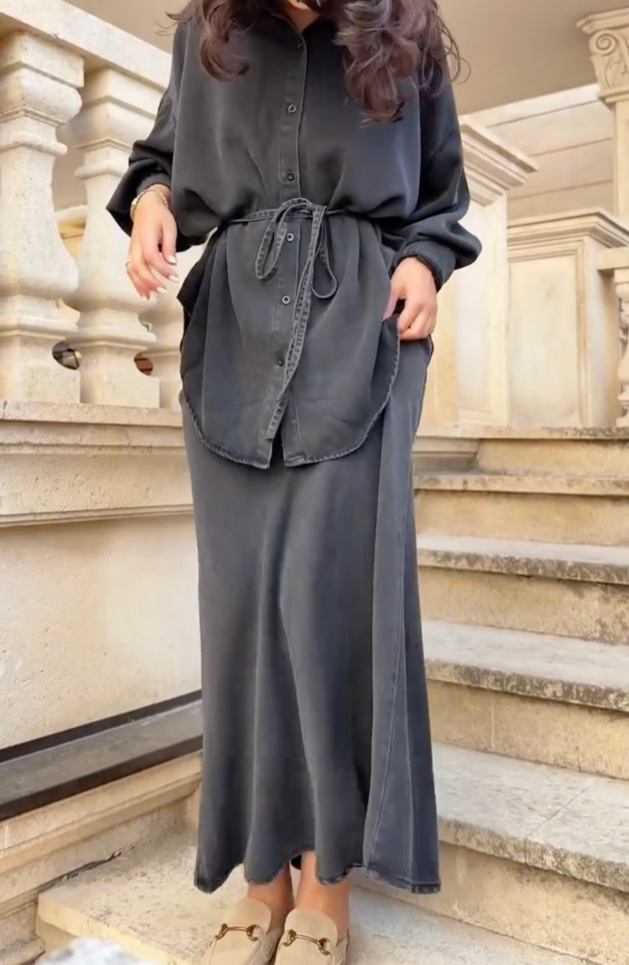 Long-sleeved Tie-Drawstring Shirt and Skirt Set