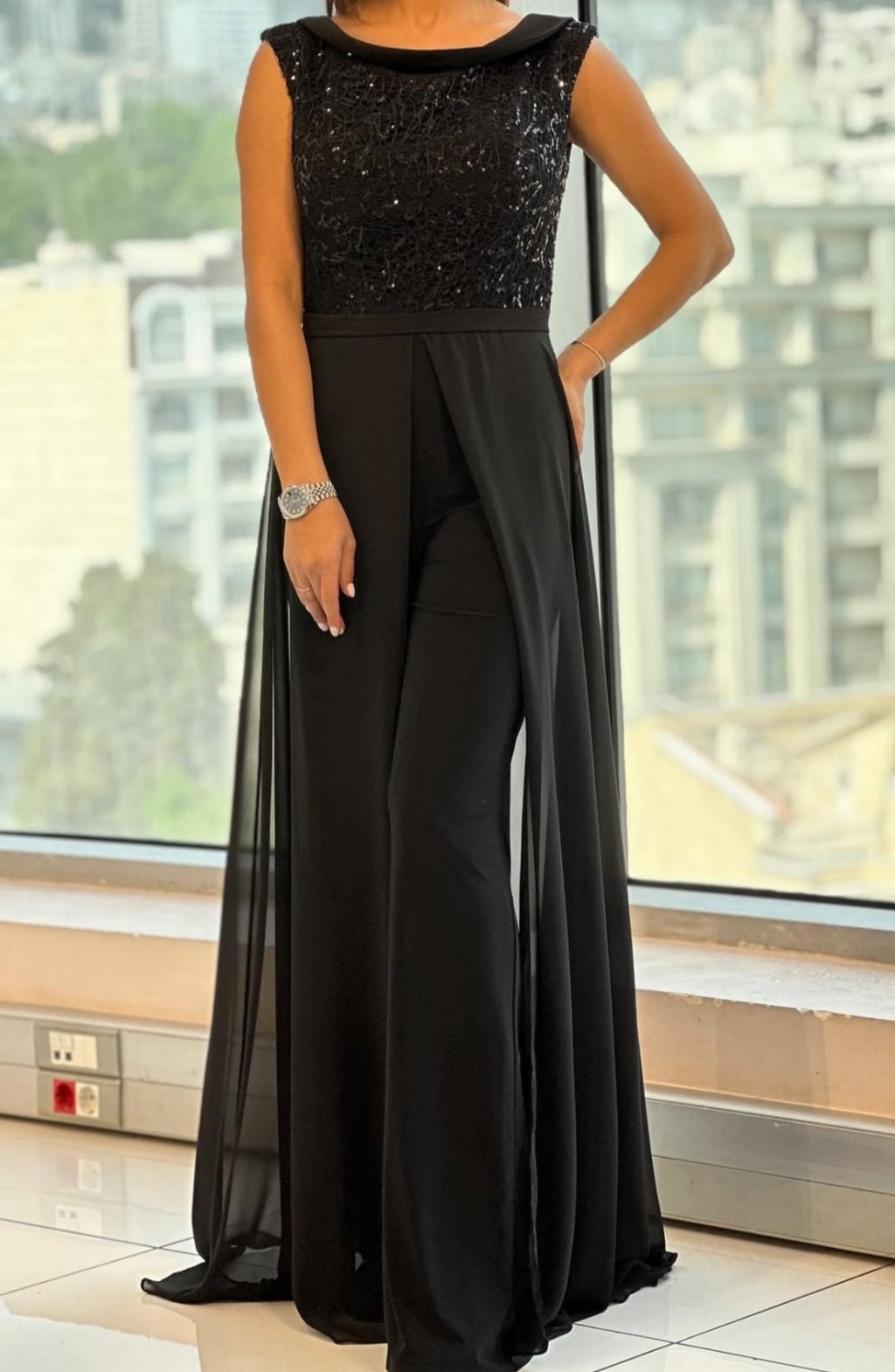 Crew neck textured panel tulle jumpsuit