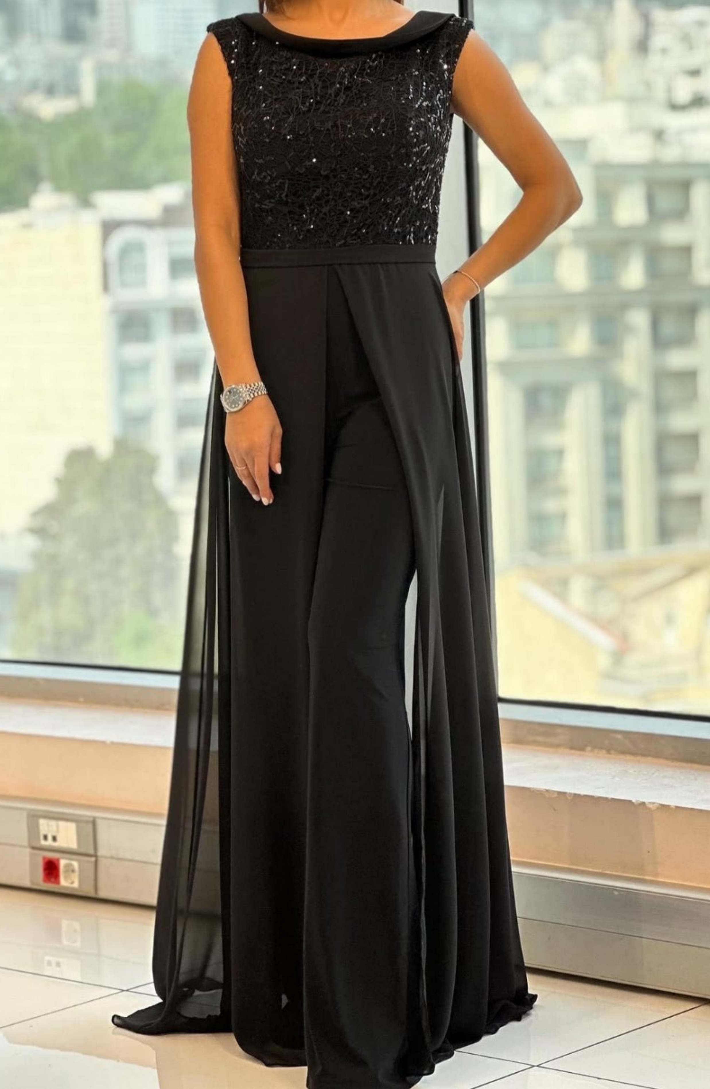 Crew neck textured panel tulle jumpsuit