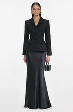 Tweed Single Breasted Tailored Collar Blazer & Satin High Waist Maxi Skirt Set