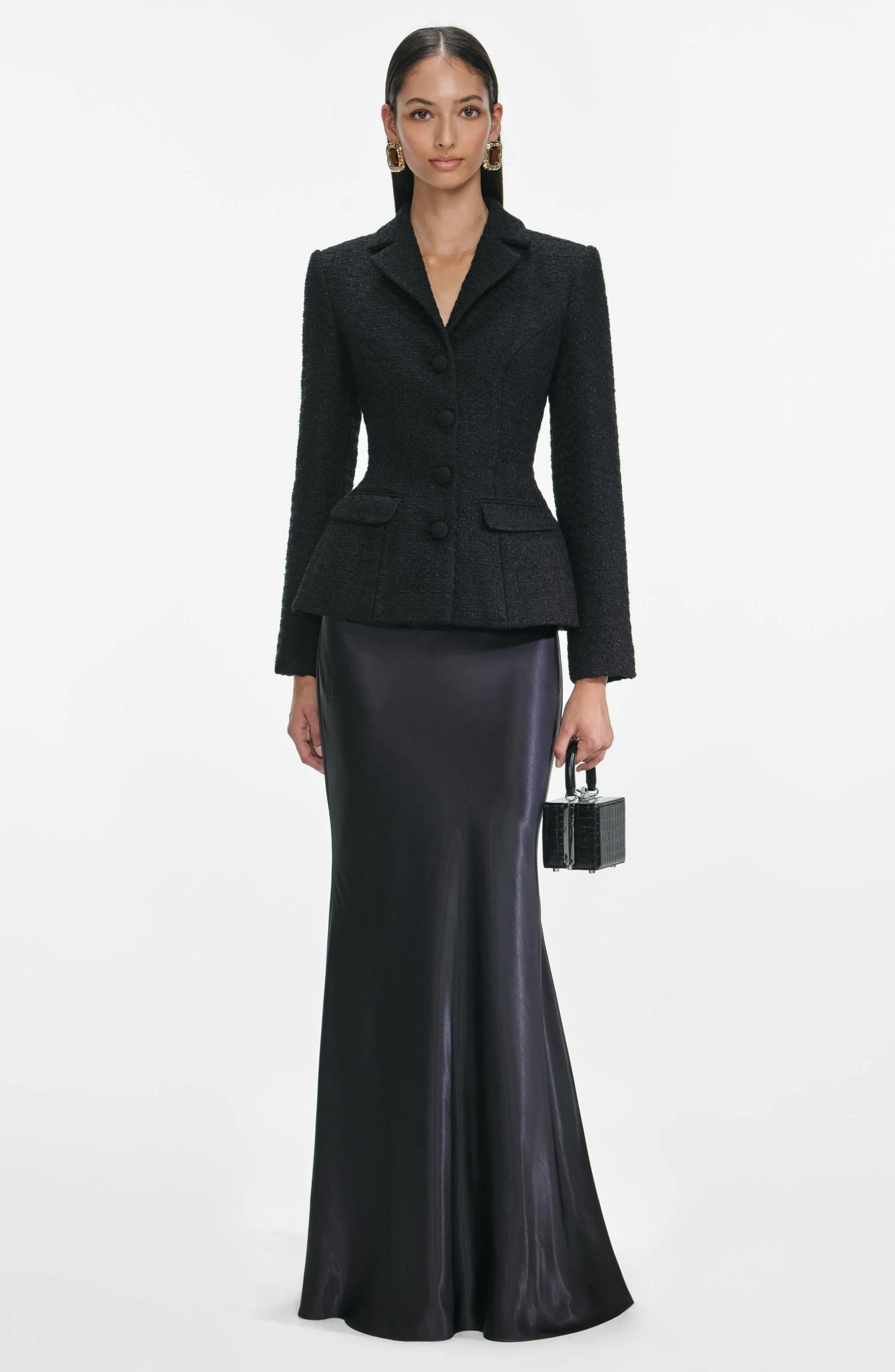 Tweed Single Breasted Tailored Collar Blazer & Satin High Waist Maxi Skirt Set