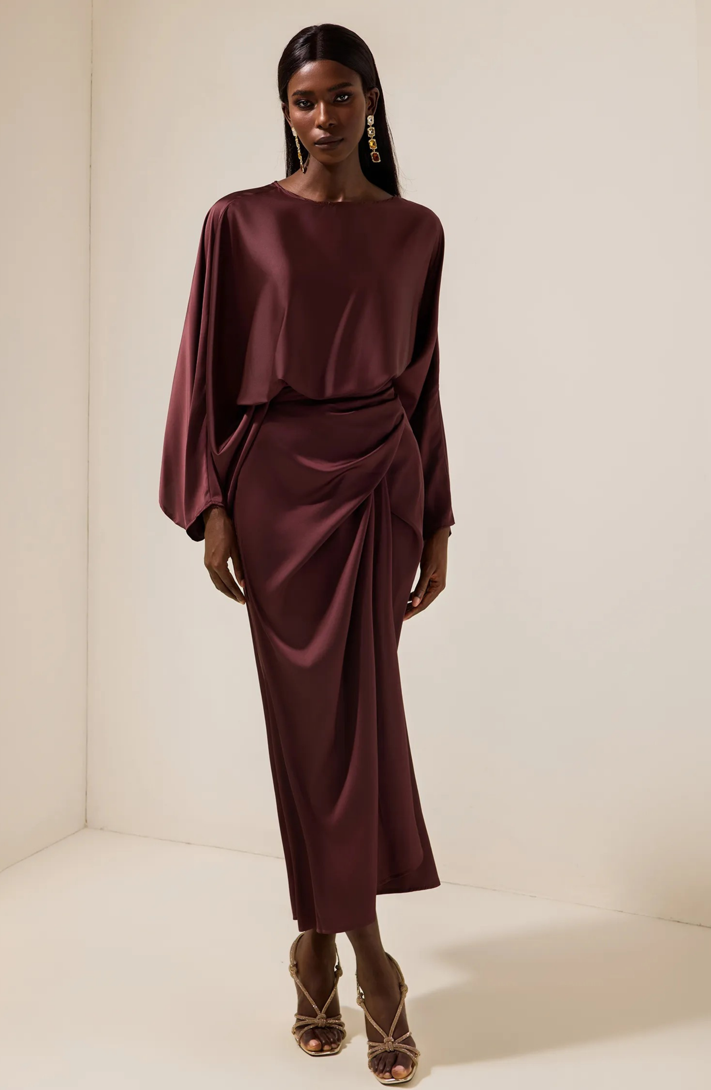 Satin Batwing Sleeve Top & Wrap Dress Midi Skirt Set