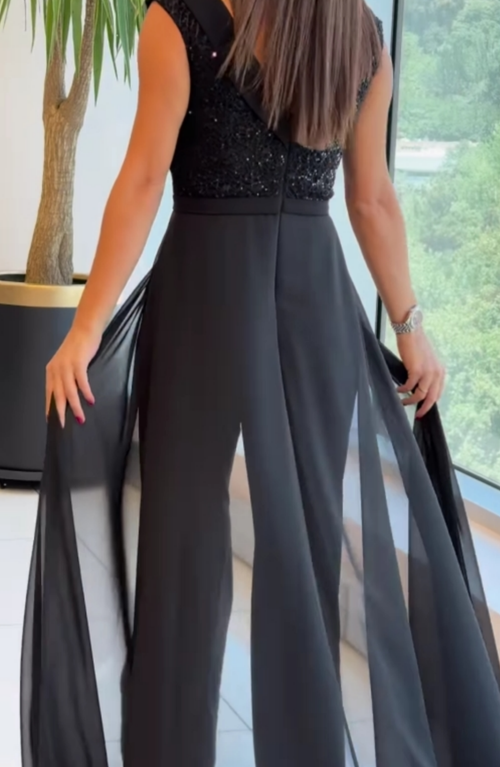 Crew neck textured panel tulle jumpsuit