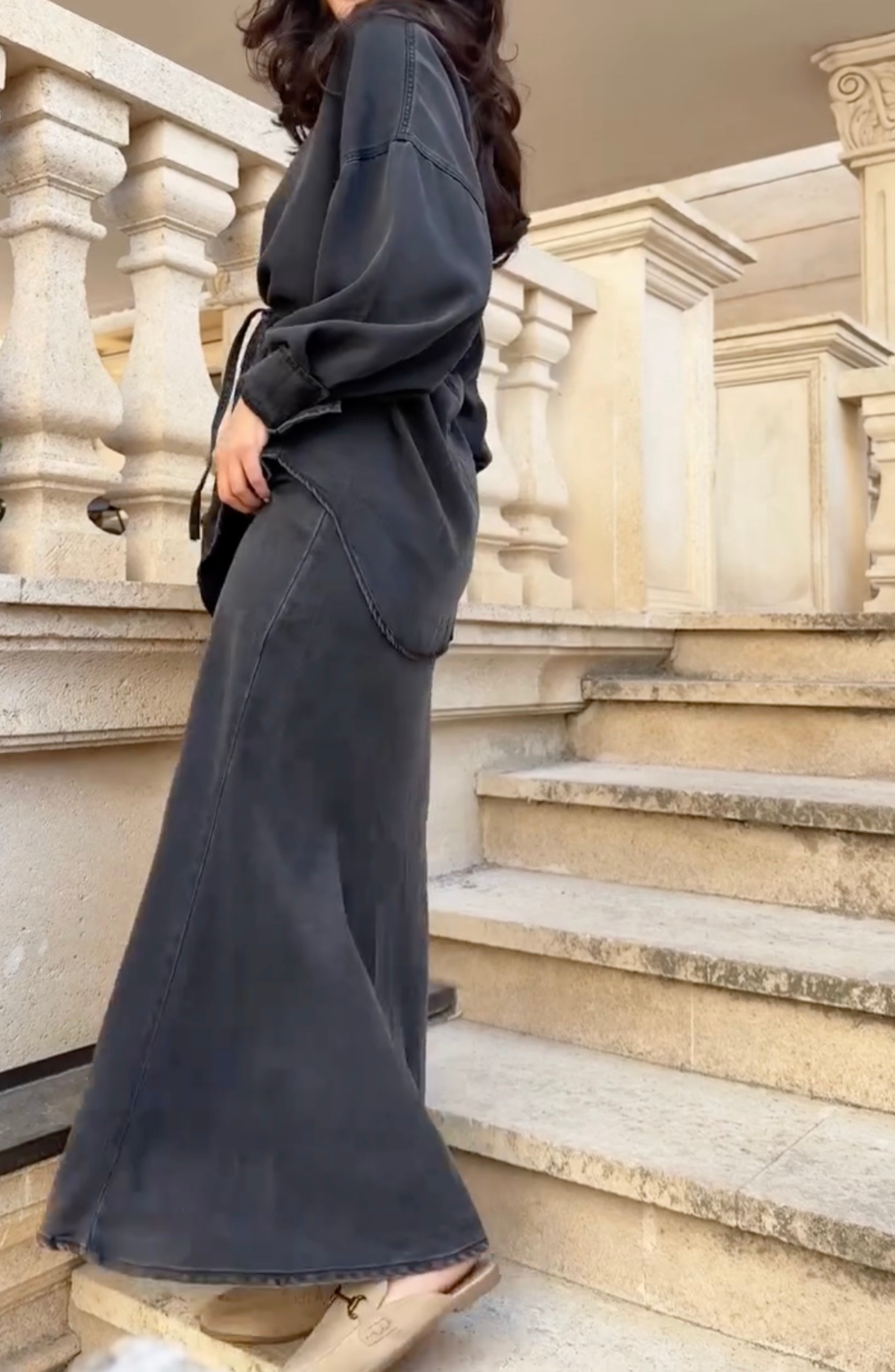 Long-sleeved Tie-Drawstring Shirt and Skirt Set