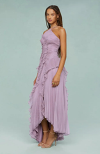 Pleated Frill Halter Neck Maxi Dress