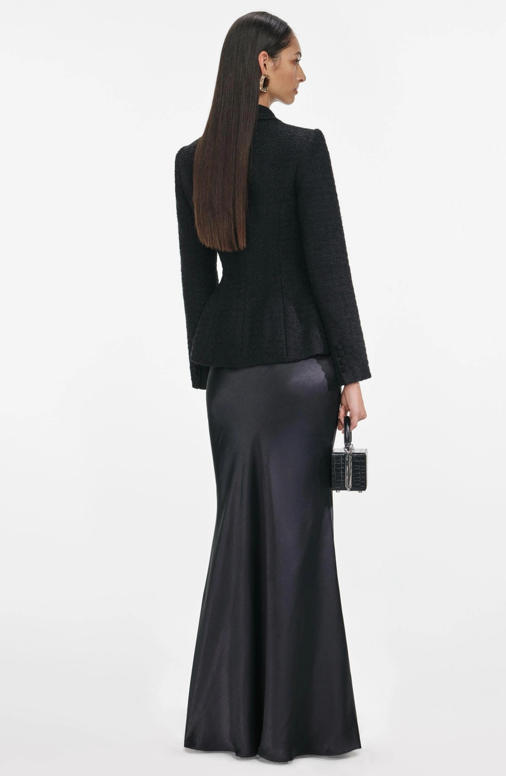 Tweed Single Breasted Tailored Collar Blazer & Satin High Waist Maxi Skirt Set