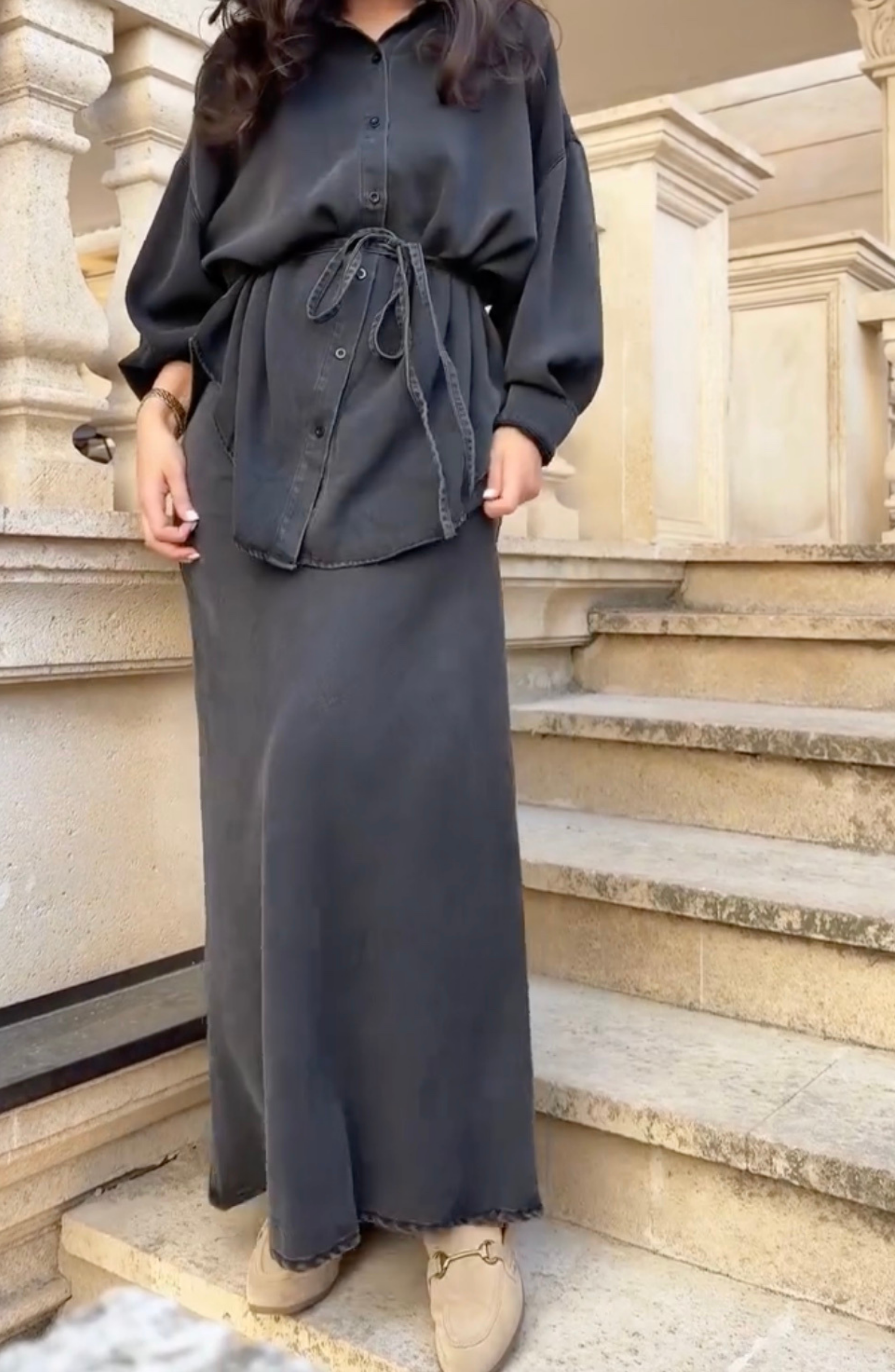 Long-sleeved Tie-Drawstring Shirt and Skirt Set