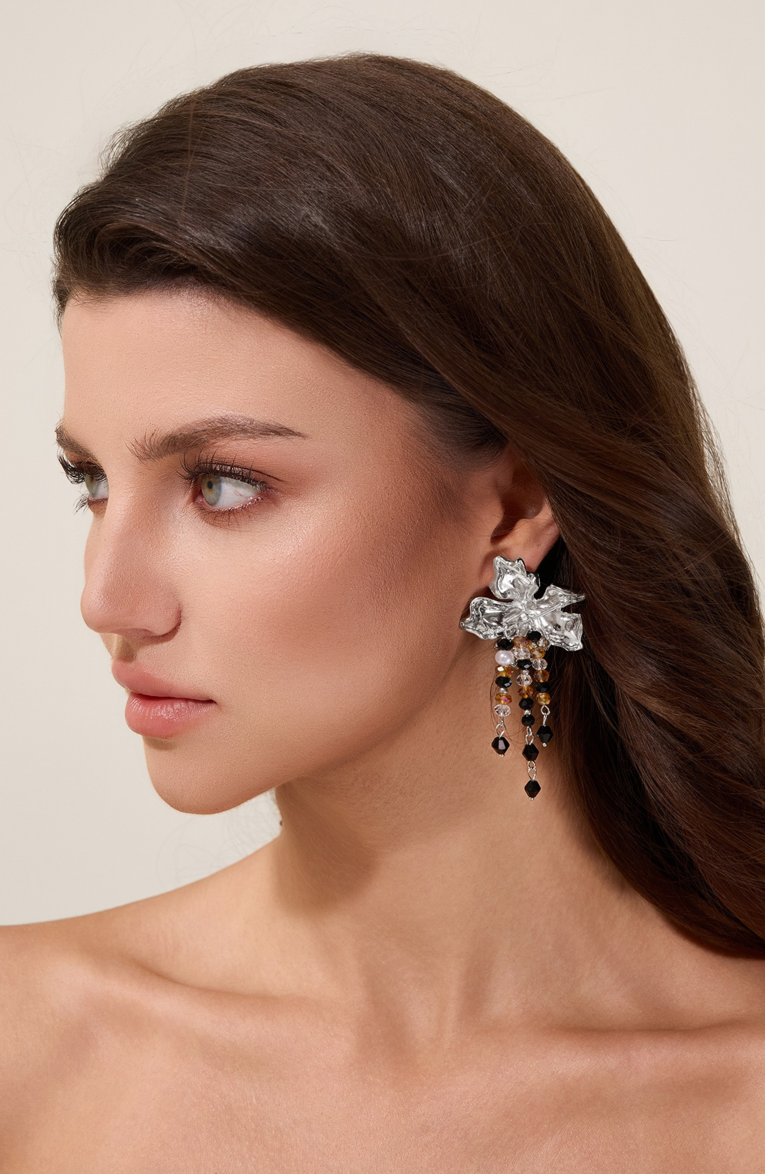 Floral Shape Beaded Tassel Metal Earrings
