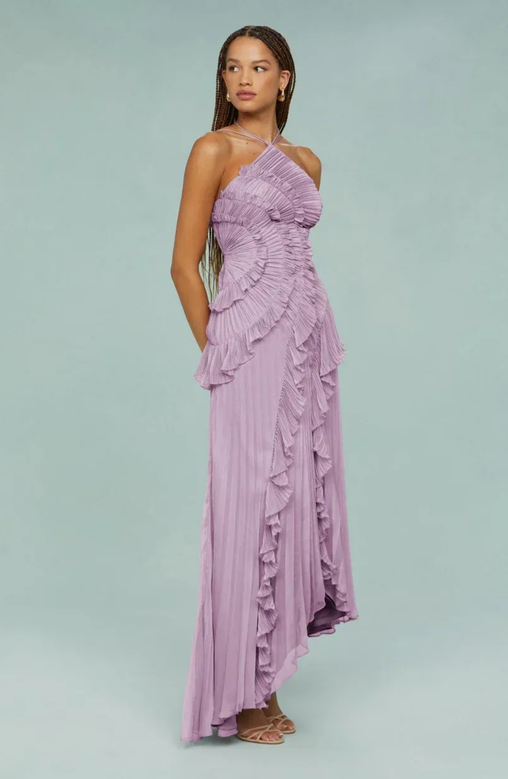 Pleated Frill Halter Neck Maxi Dress