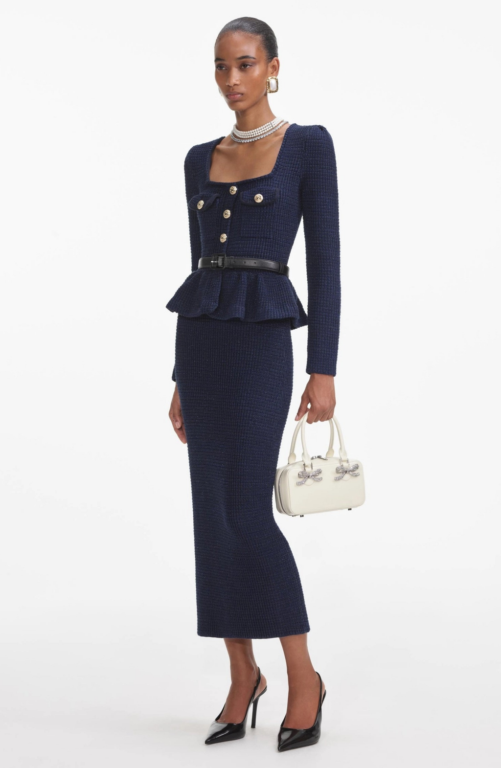 Knit metal button square collar top & mid waist midi skirt set