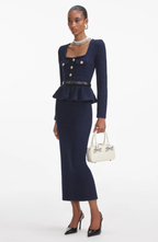 Knit metal button square collar top & mid waist midi skirt set