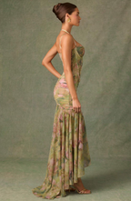 Ruched asymmetric corset gown maxi dress