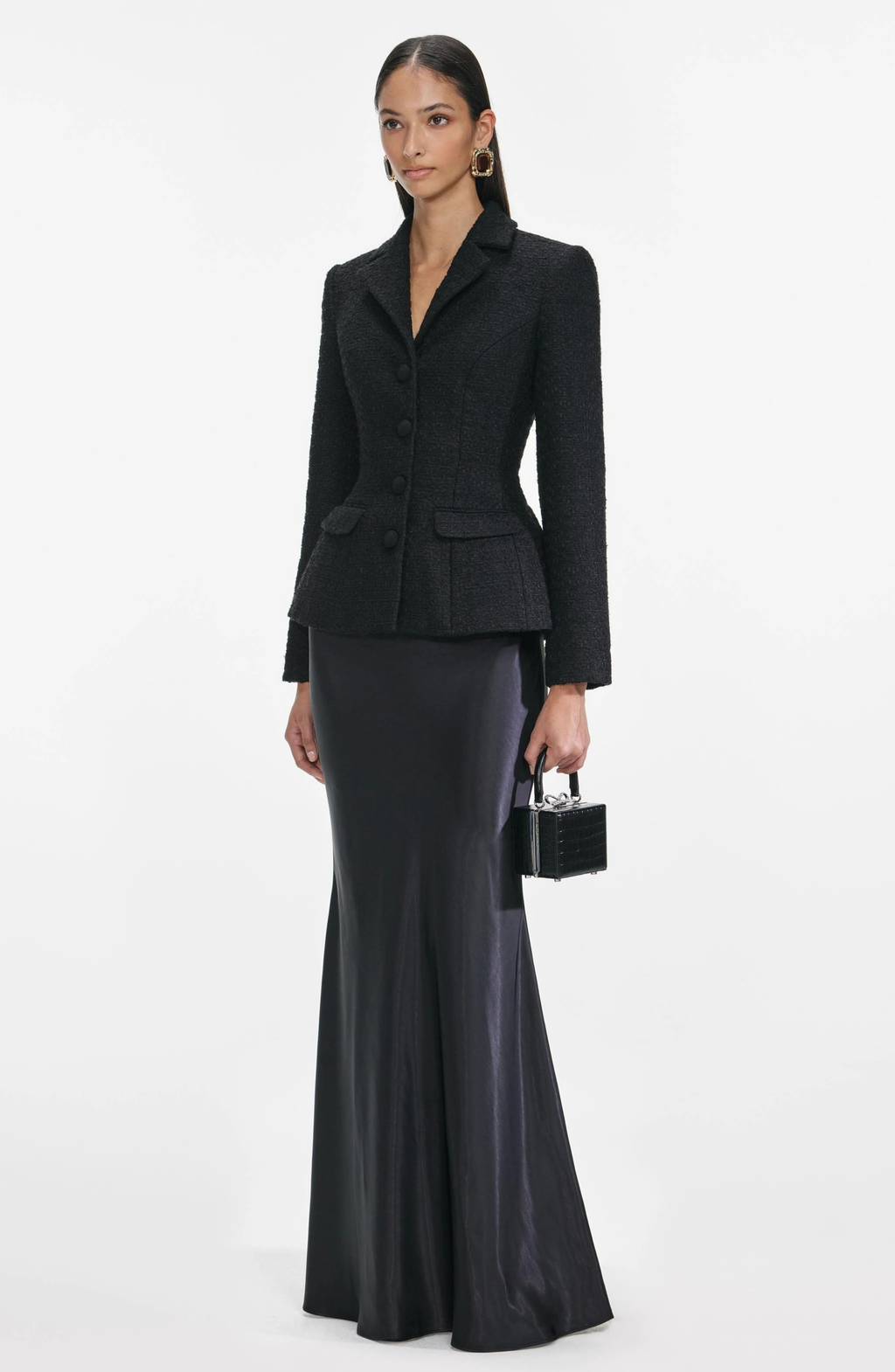 Tweed Single Breasted Tailored Collar Blazer & Satin High Waist Maxi Skirt Set