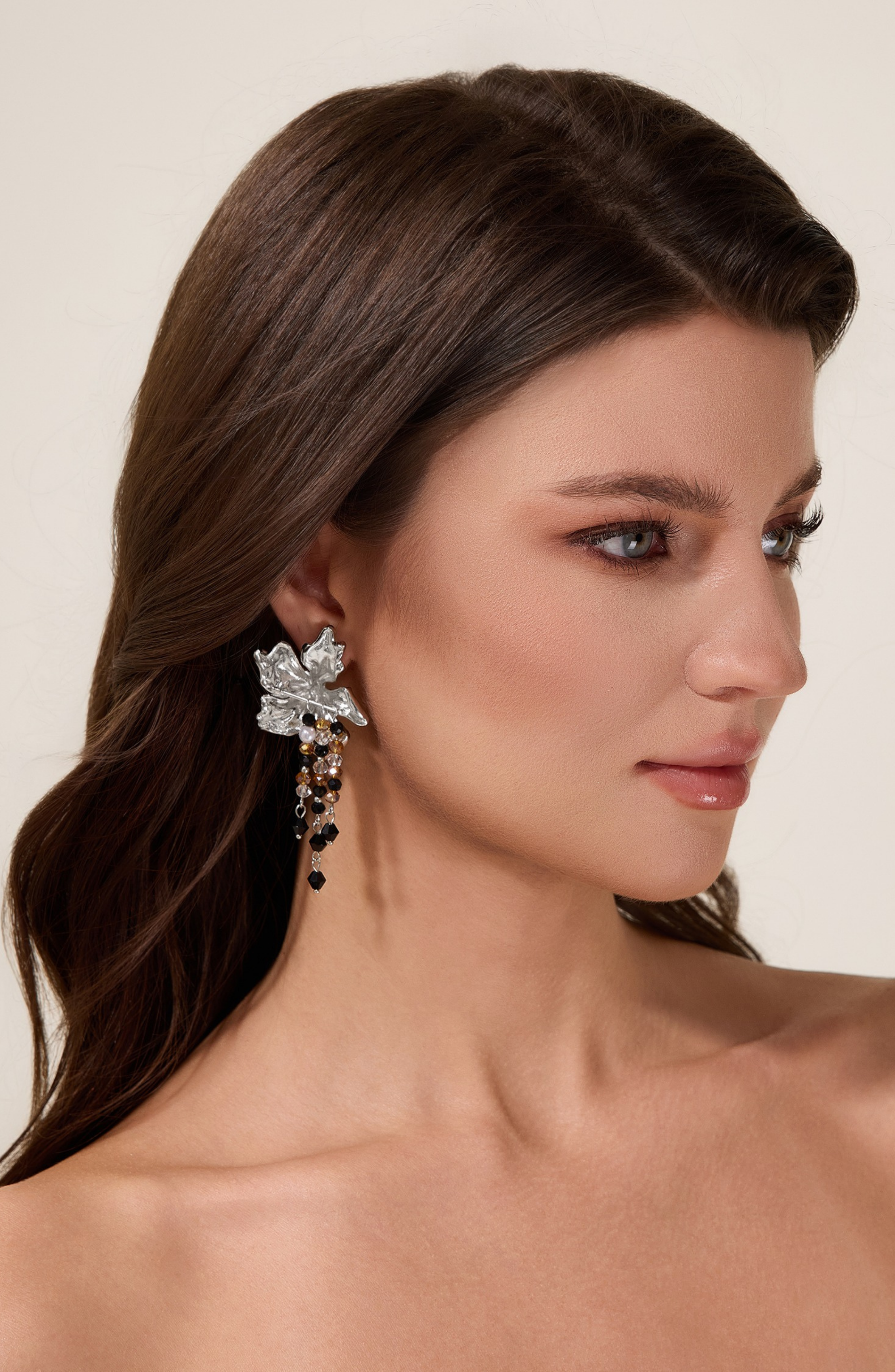 Floral Shape Beaded Tassel Metal Earrings