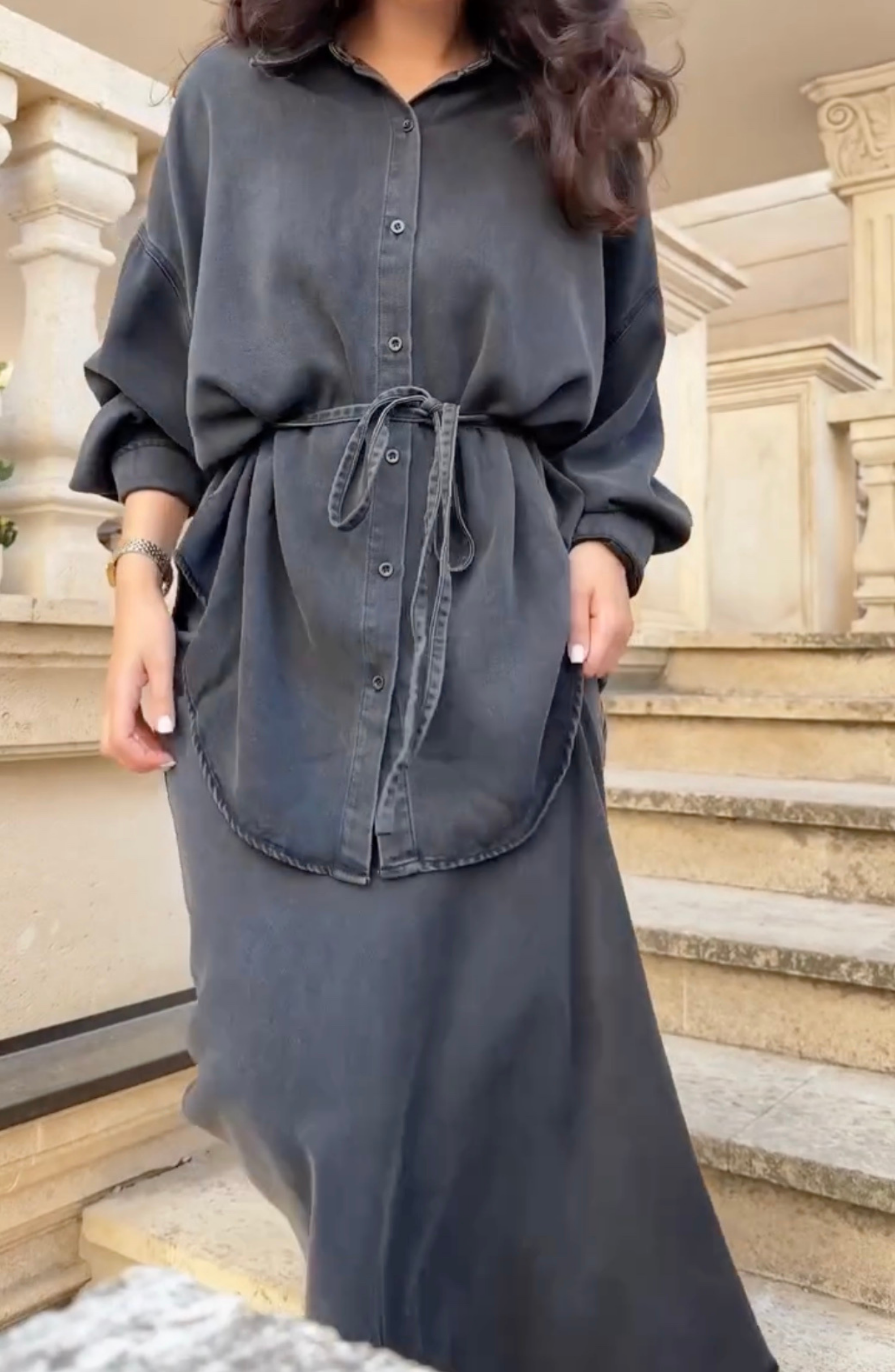 Long-sleeved Tie-Drawstring Shirt and Skirt Set