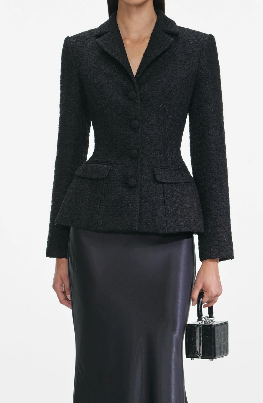 Tweed Single Breasted Tailored Collar Blazer & Satin High Waist Maxi Skirt Set