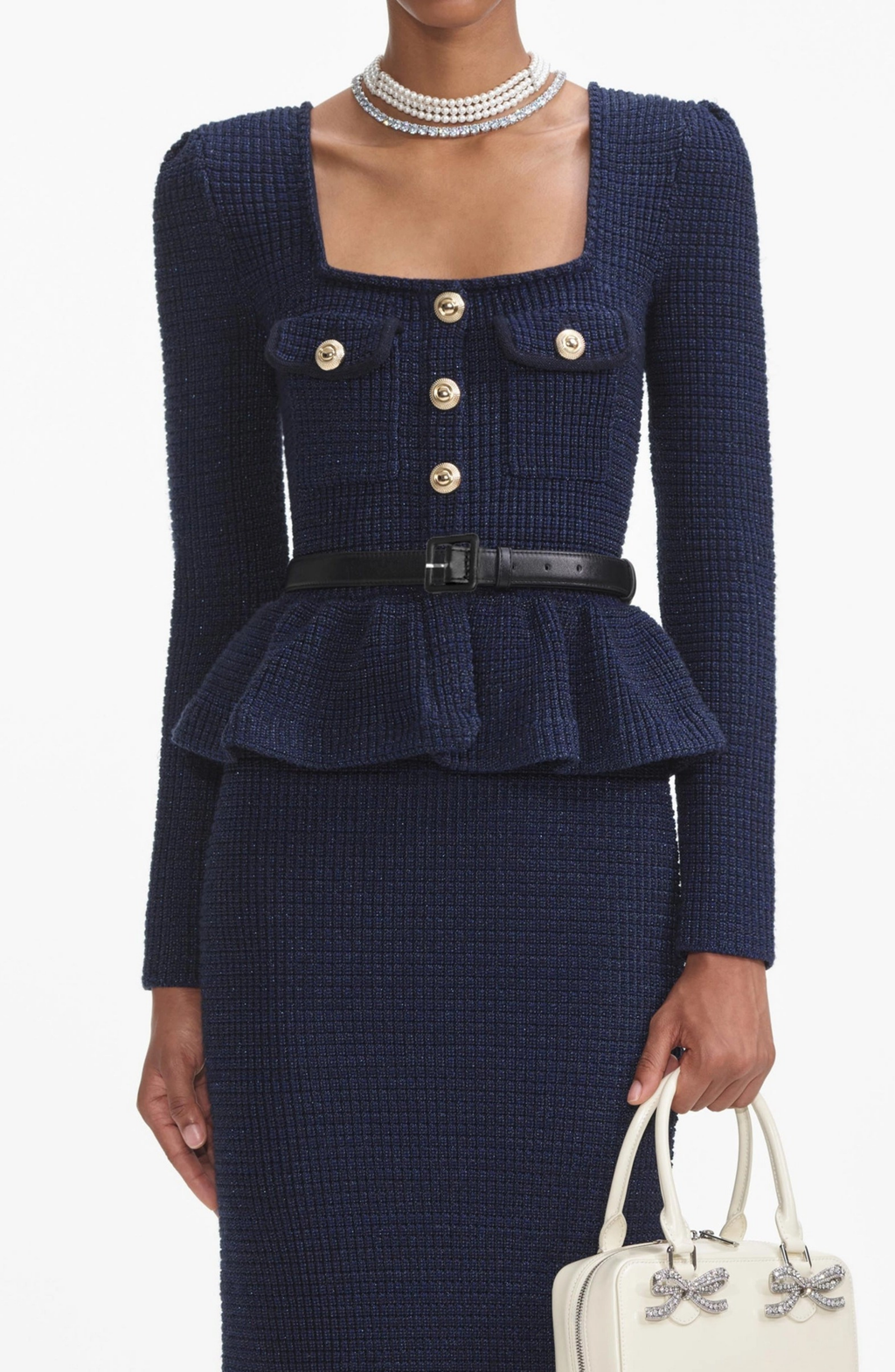 Knit metal button square collar top & mid waist midi skirt set