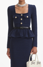 Knit metal button square collar top & mid waist midi skirt set