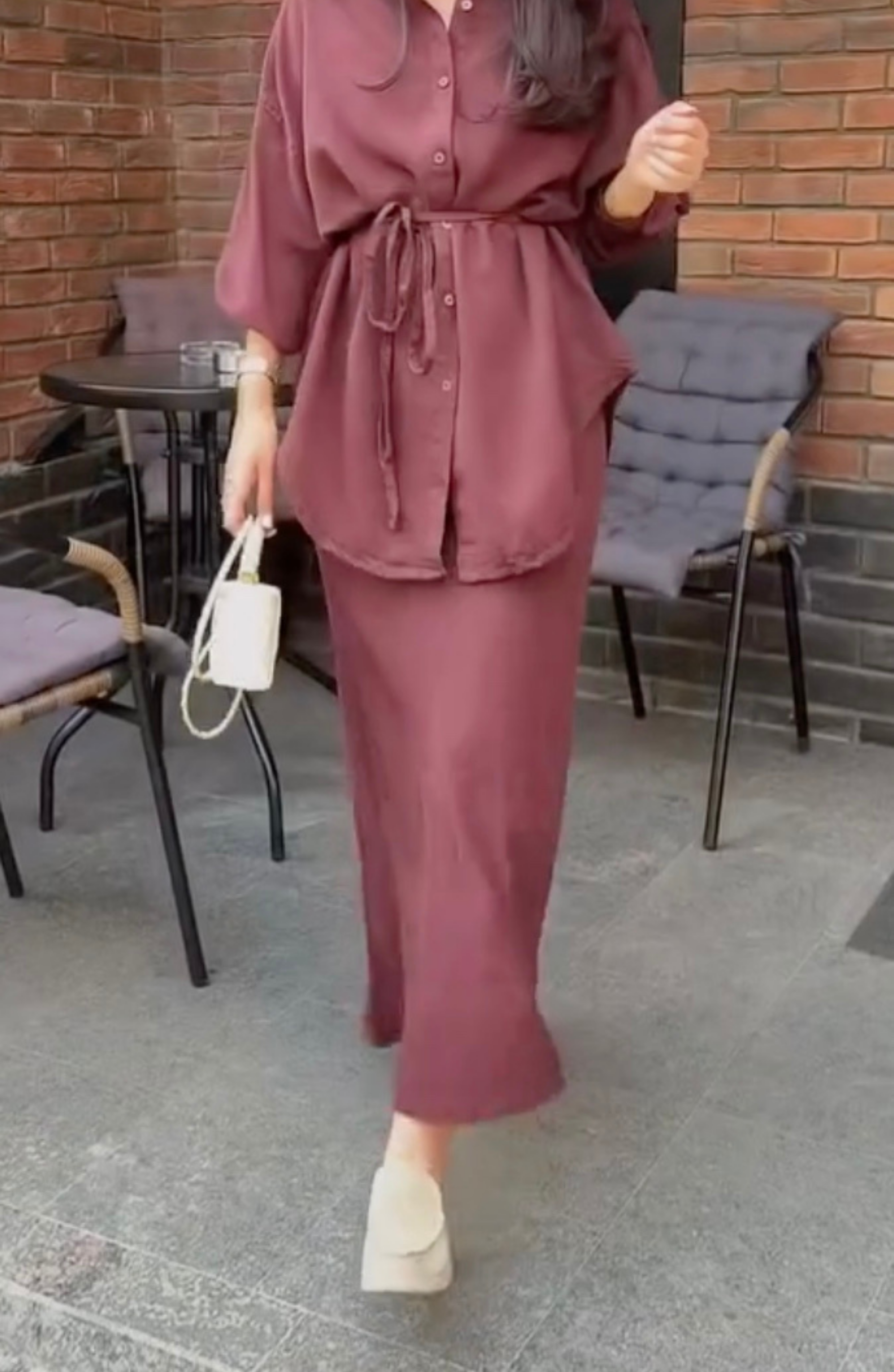 Long-sleeved Tie-Drawstring Shirt and Skirt Set