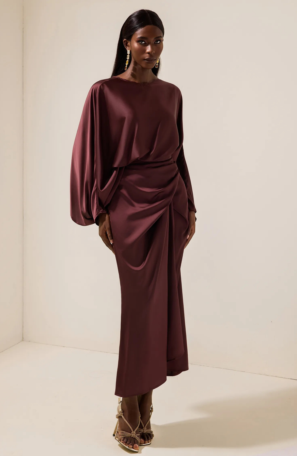 Satin Batwing Sleeve Top & Wrap Dress Midi Skirt Set