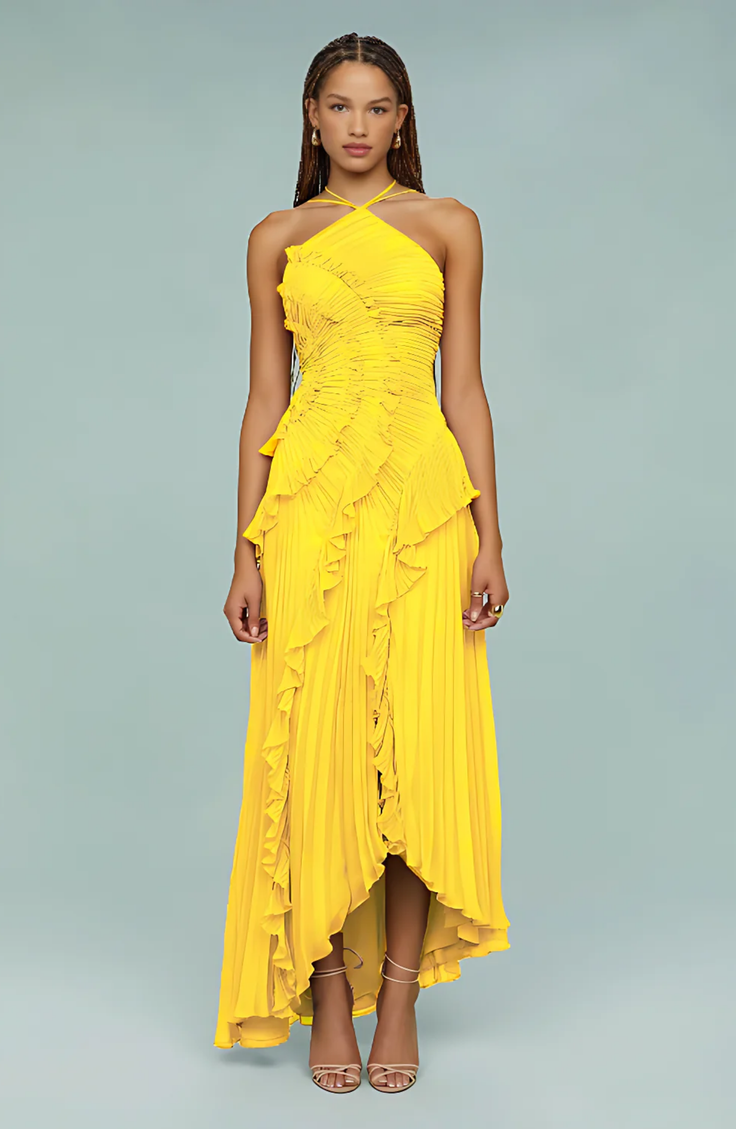 Pleated Frill Halter Neck Maxi Dress