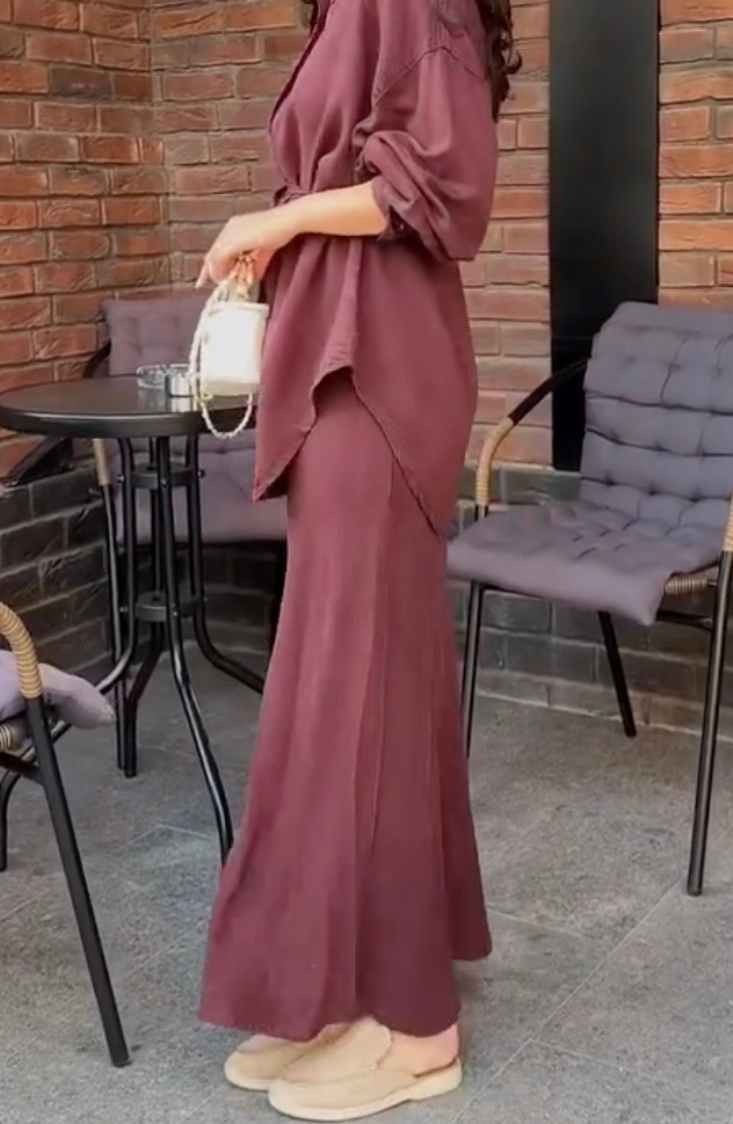 Long-sleeved Tie-Drawstring Shirt and Skirt Set